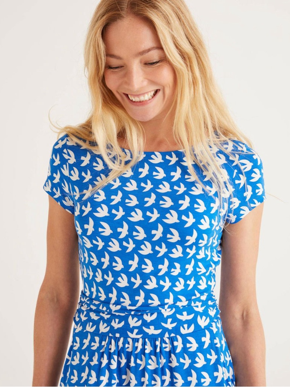 Boden Blue and White Bird-Print Cap-Sleeve Dress